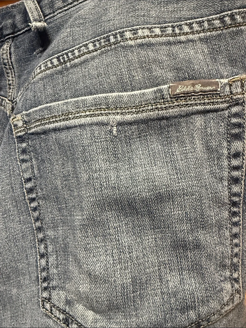 Eddie Bauer Men's Blue Denim Jeans with Red Plaid Lining 40x32 relaxed fit